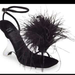 Jeffrey Campbell Black Feather Strap Sandal with Clear Sculpted Heel
